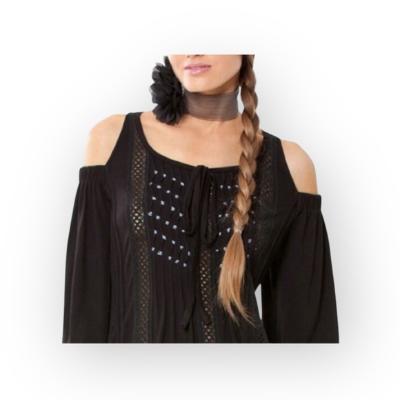 new Hale Bob 𖣔 Shaina Silk Cold Shoulder Cut Out Top 𖣔 Black XS 𖣔 - Picture 12 of 14